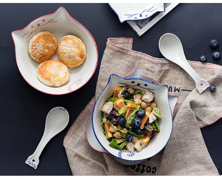 Cartoon Cat Bowl Ceramic Noodle Ramen Bowl Blue Red Kitty Bowl 6.3 inch