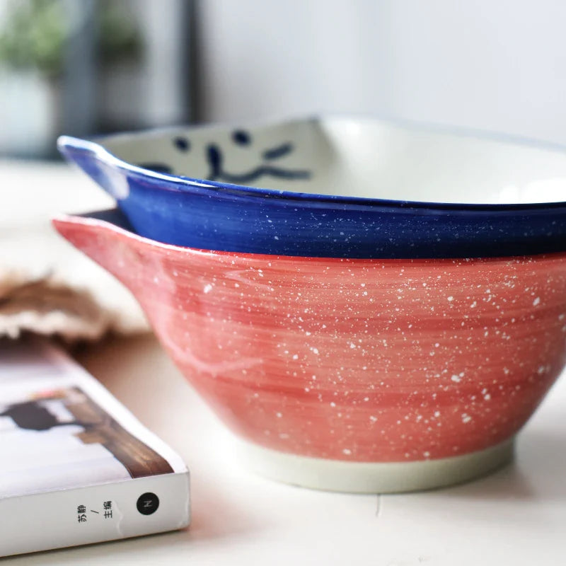 Cartoon Cat Bowl Ceramic Noodle Ramen Bowl Blue Red Kitty Bowl 6.3 inch