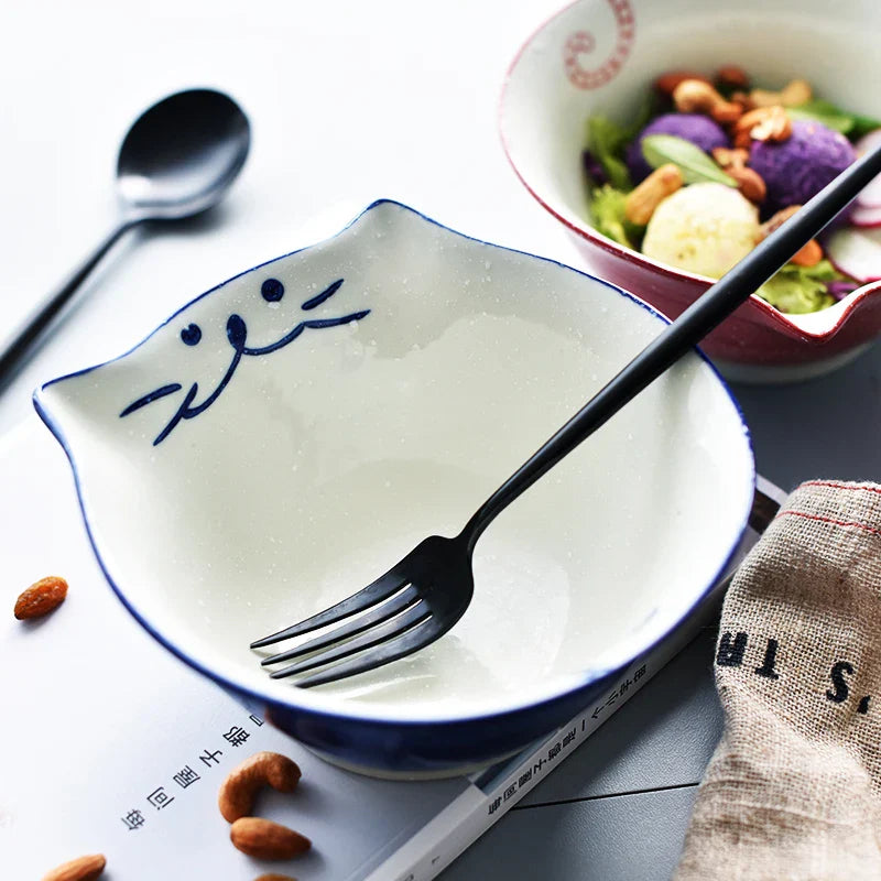 Cartoon Cat Bowl Ceramic Noodle Ramen Bowl Blue Red Kitty Bowl 6.3 inch