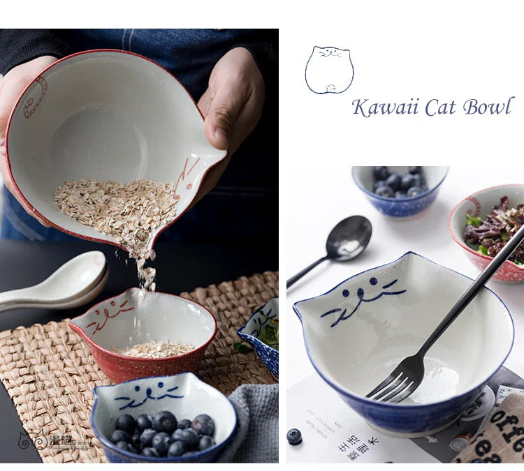 Cartoon Cat Bowl Ceramic Noodle Ramen Bowl Blue Red Kitty Bowl 6.3 inch