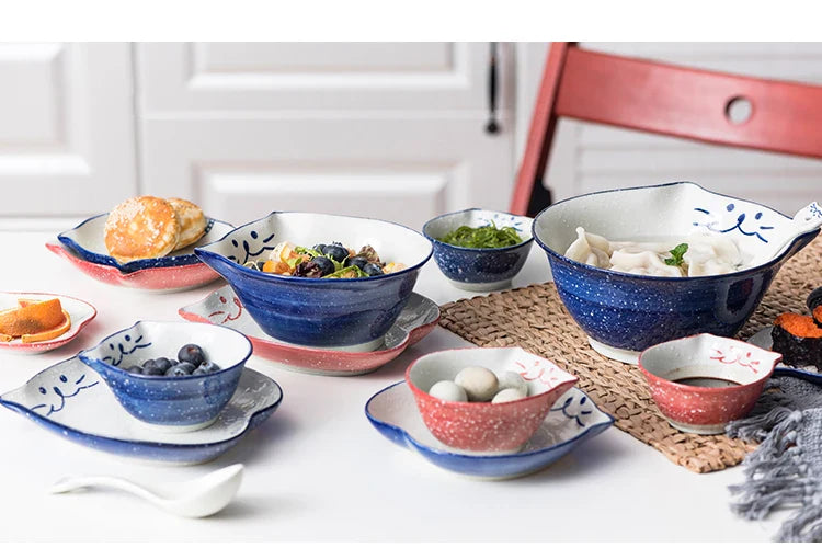 Cartoon Cat Bowl Ceramic Noodle Ramen Bowl Blue Red Kitty Bowl 6.3 inch
