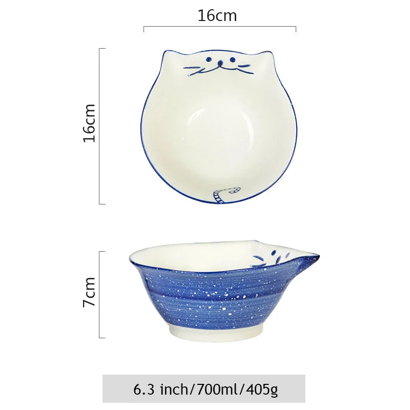 Cartoon Cat Bowl Ceramic Noodle Ramen Bowl Blue Red Kitty Bowl 6.3 inch