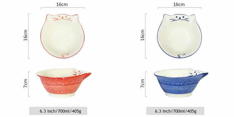 Cartoon Cat Bowl Ceramic Noodle Ramen Bowl Blue Red Kitty Bowl 6.3 inch