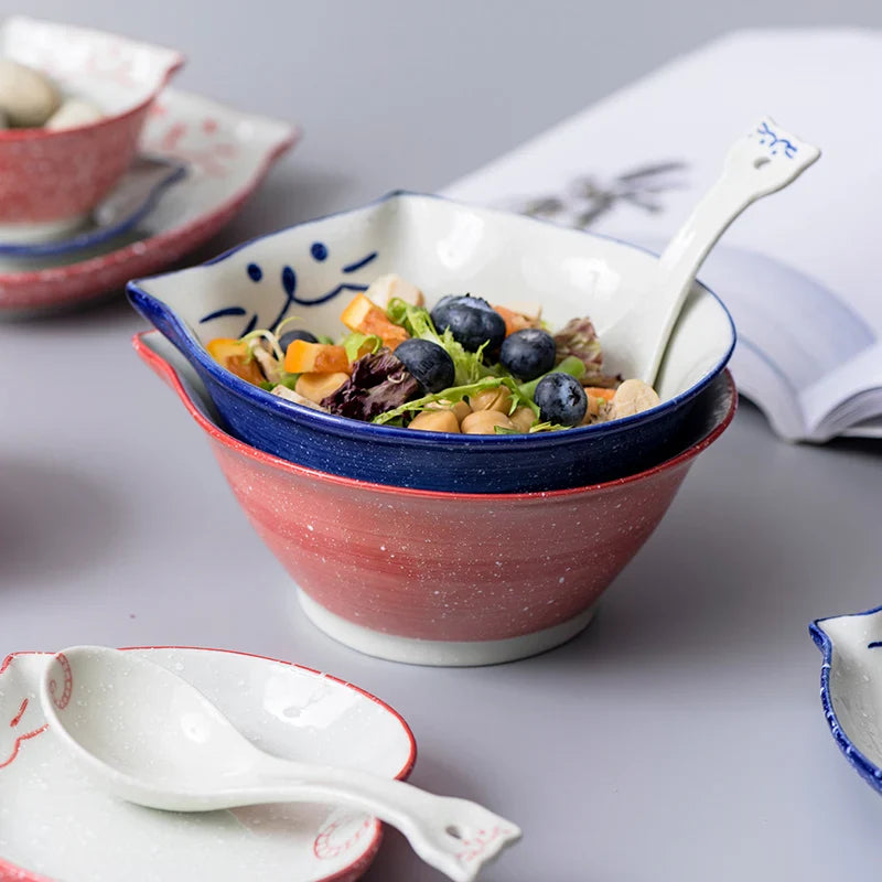 Cartoon Cat Bowl Ceramic Noodle Ramen Bowl Blue Red Kitty Bowl 6.3 inch