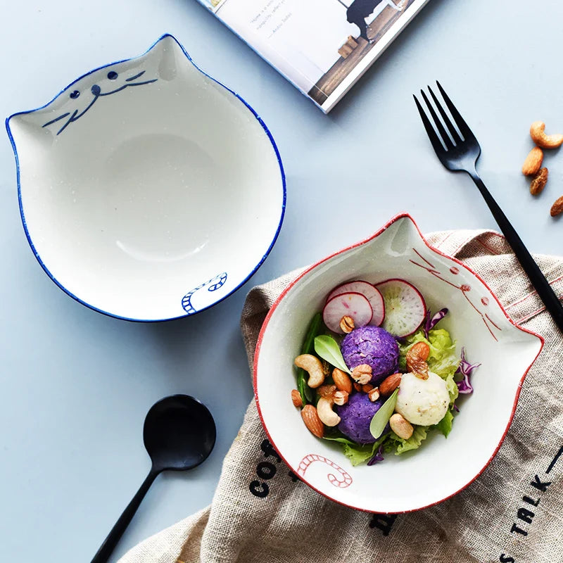 Cartoon Cat Bowl Ceramic Noodle Ramen Bowl Blue Red Kitty Bowl 6.3 inch