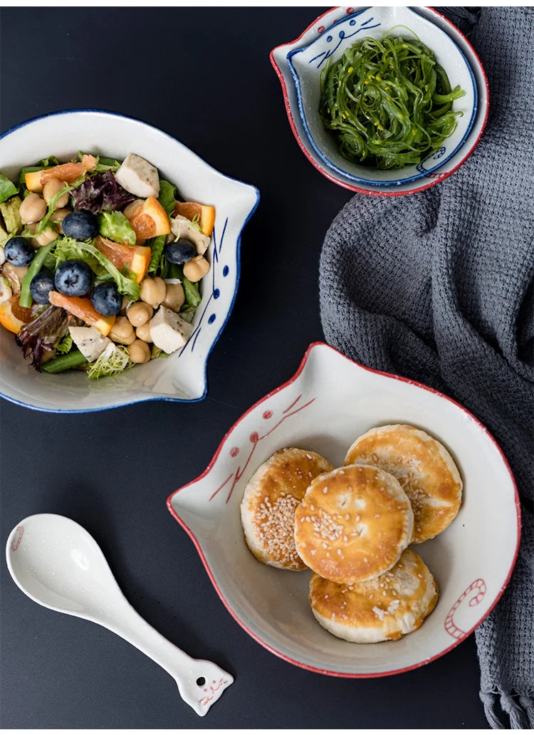 Cartoon Cat Bowl Ceramic Noodle Ramen Bowl Blue Red Kitty Bowl 6.3 inch