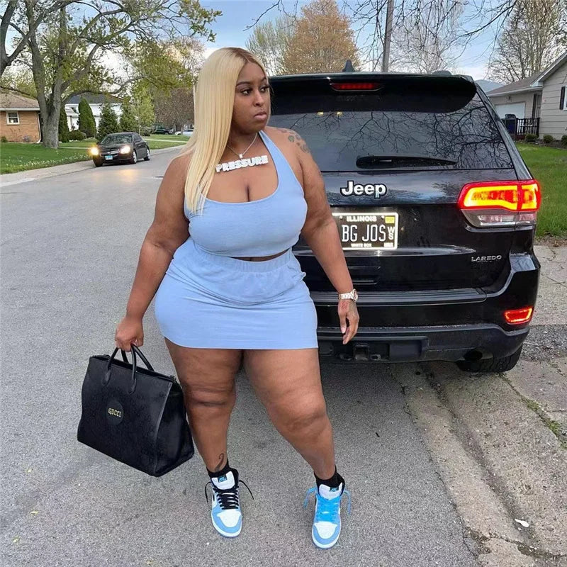 Summer Women Two Piece Outfits Dress Sets Sexy Crop Tops and Skirt Suit with Short Casual Plus Size Sets