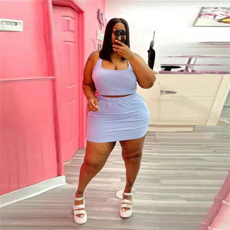 Summer Women Two Piece Outfits Dress Sets Sexy Crop Tops and Skirt Suit with Short Casual Plus Size Sets