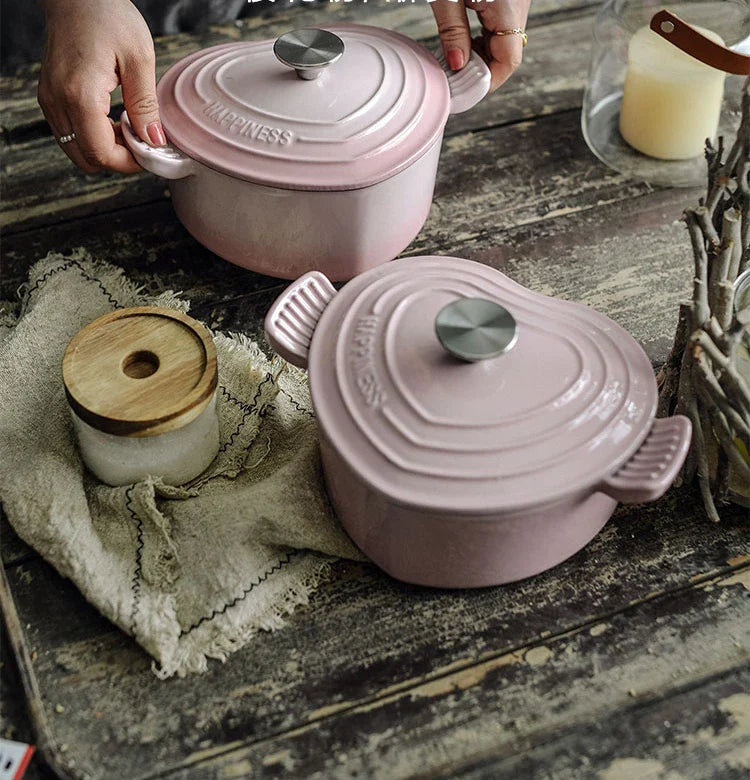 Pink Saucepan Enamel Pot Non-Stick Pot Heart-shaped Cookware Cast Iron Pot Kitchen Accessories Cooking Tools