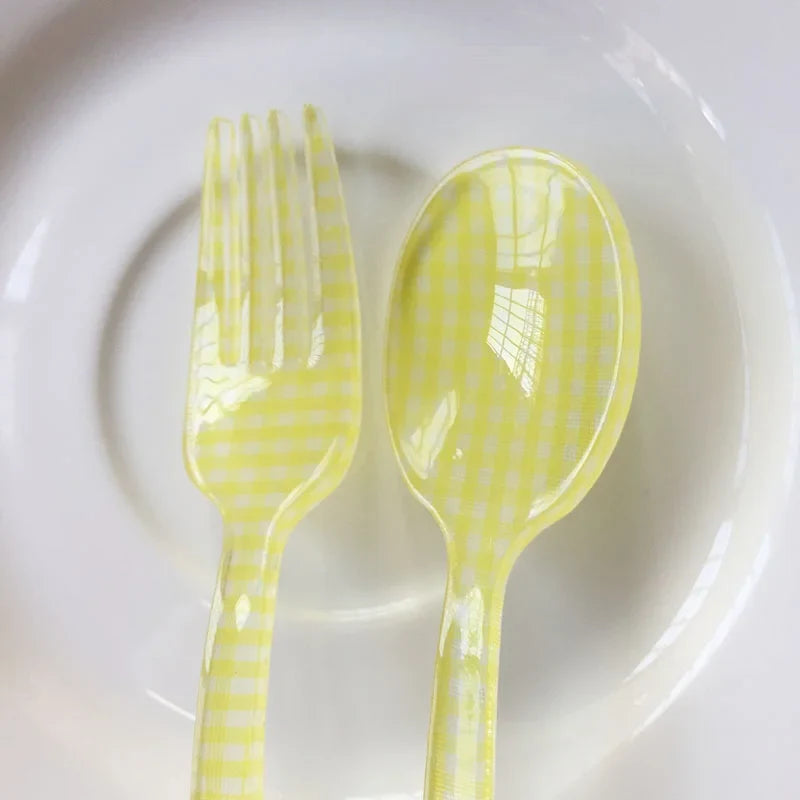 Plastic Dessert Tray Acrylic Cake Dish Grid Pattern Spork Floral Plates with Spoon & Fork