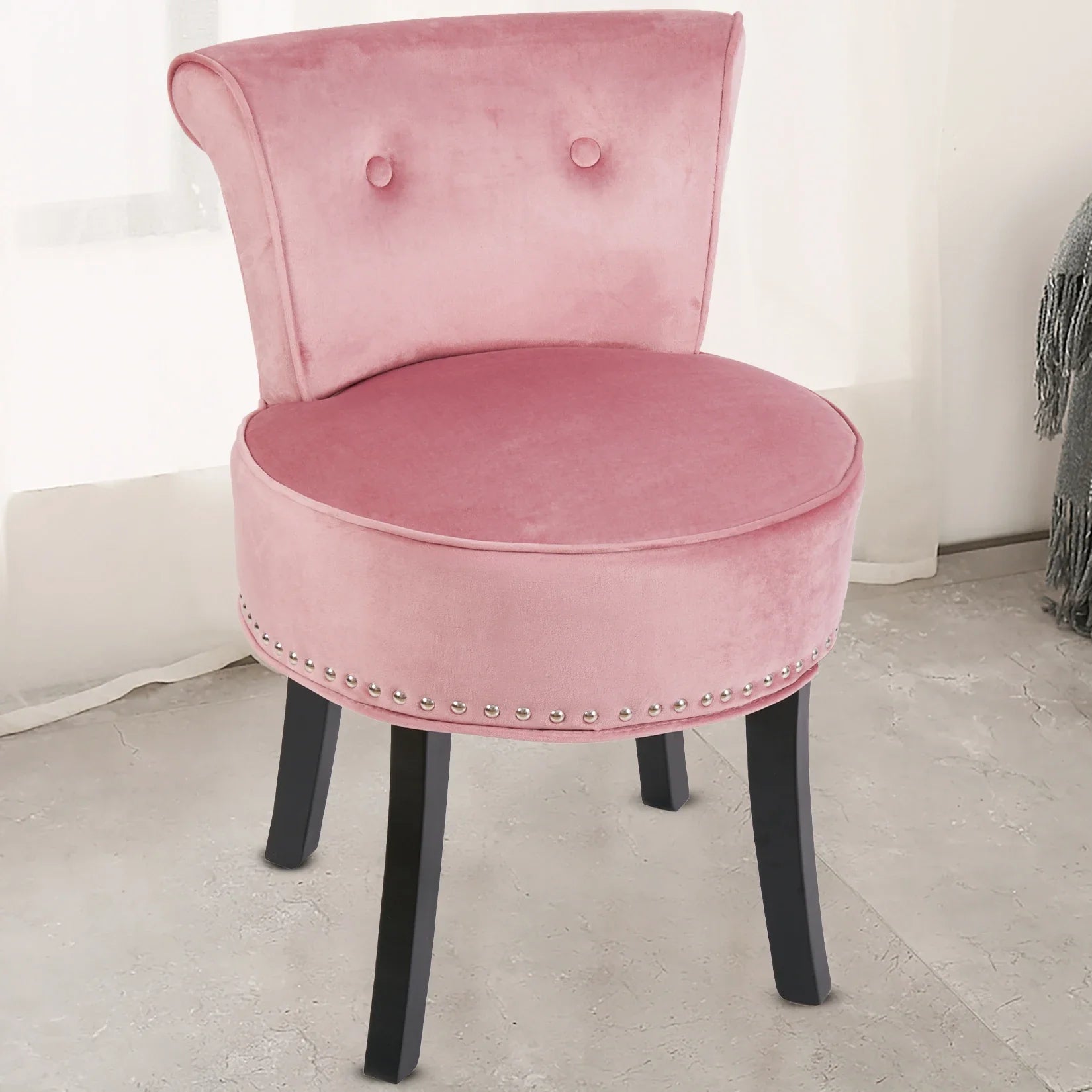 Vanity Stool Chair Makeup with Upholstered Round Velvet Padded Chair with Wood Legs