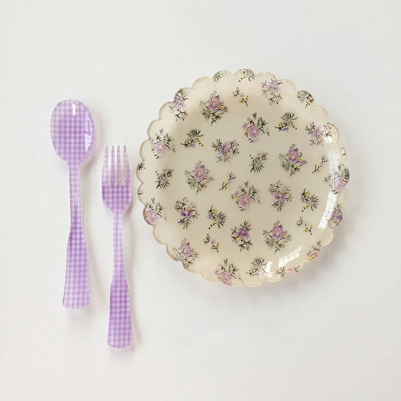 Plastic Dessert Tray Acrylic Cake Dish Grid Pattern Spork Floral Plates with Spoon & Fork