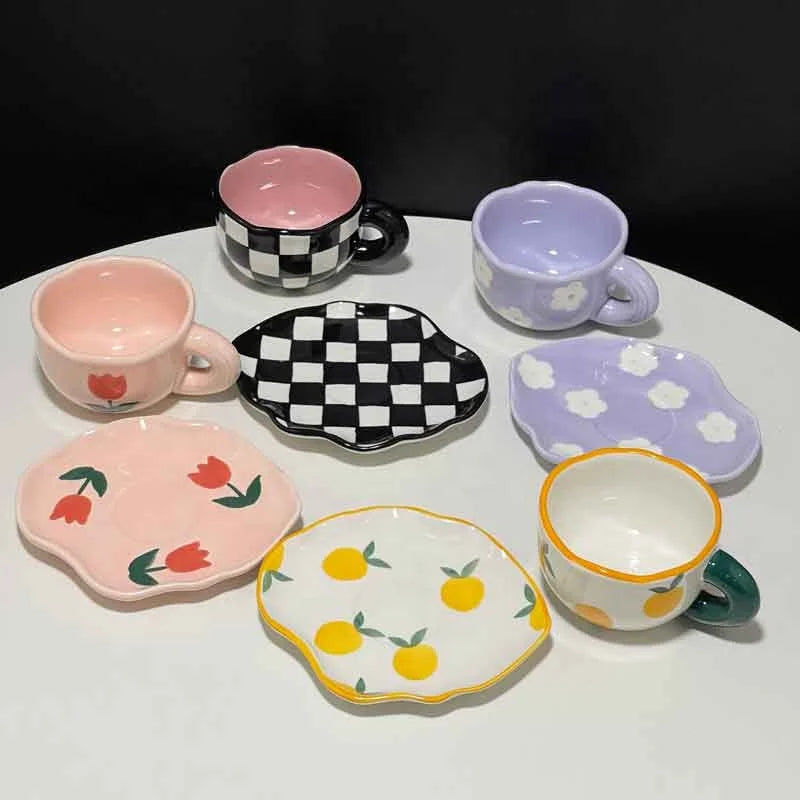 Hand Painted Tulip Orange Flower Ceramic Cups and Saucers