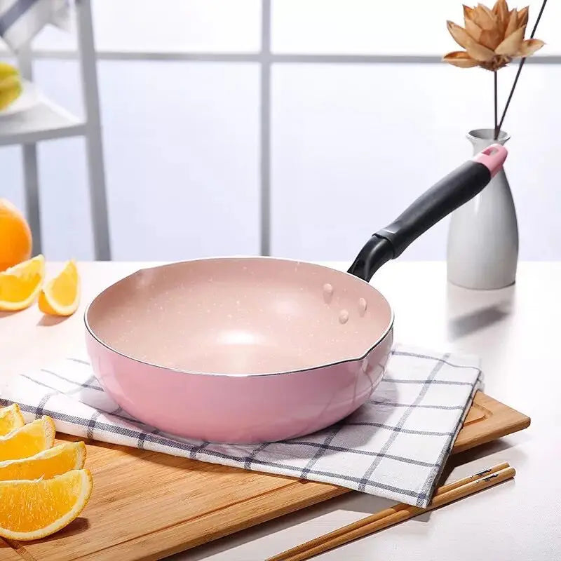 Pink Wok Non-stick Pan Fried Scoop Pan Deep Fry Non-stick Pot Cooker General Use for Gas and Induction Cooker