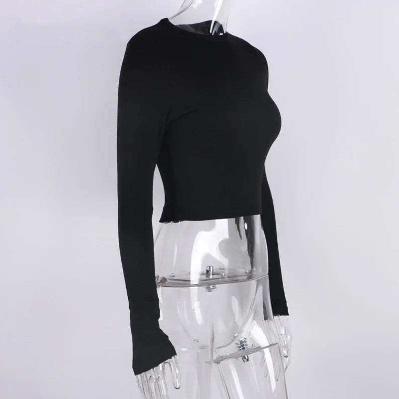 O Neck Long Sleeve Shirt Women Ribbed Sexy Cropped Tops Skinny Slim Basic