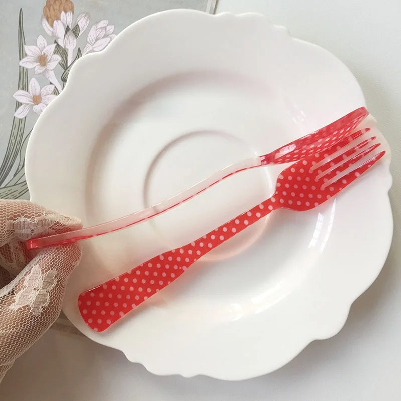 Plastic Dessert Tray Acrylic Cake Dish Grid Pattern Spork Floral Plates with Spoon & Fork