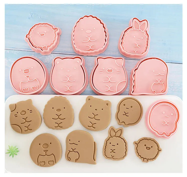 Cookie Cutters Plastic 3D Cute Cartoon Pressable Biscuit Mold Cookie Stamp Kitchen Baking Pastry Bakeware 8 Pcs/set