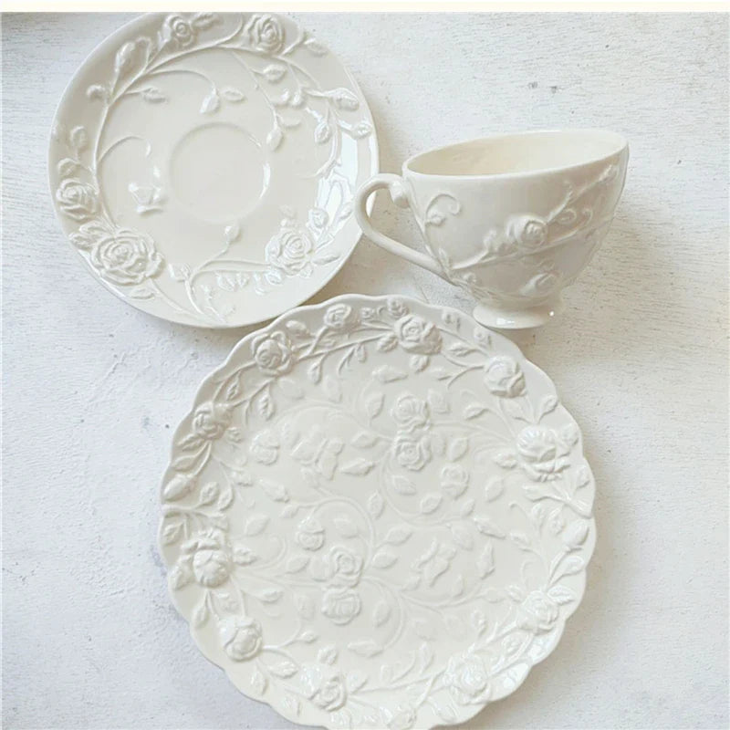 Three-Dimensional Rose Light Yellow Cup and Plate Set