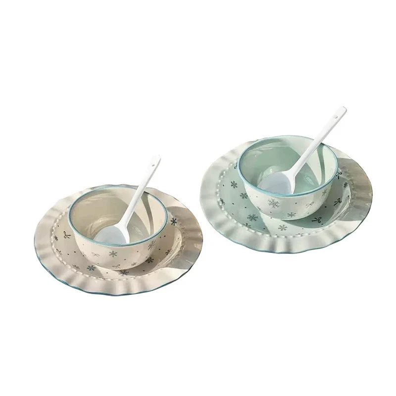 Ceramic Underglaze Color Bowl and Dish Tableware for One Person Bowl Spoon Bowl and Chopsticks