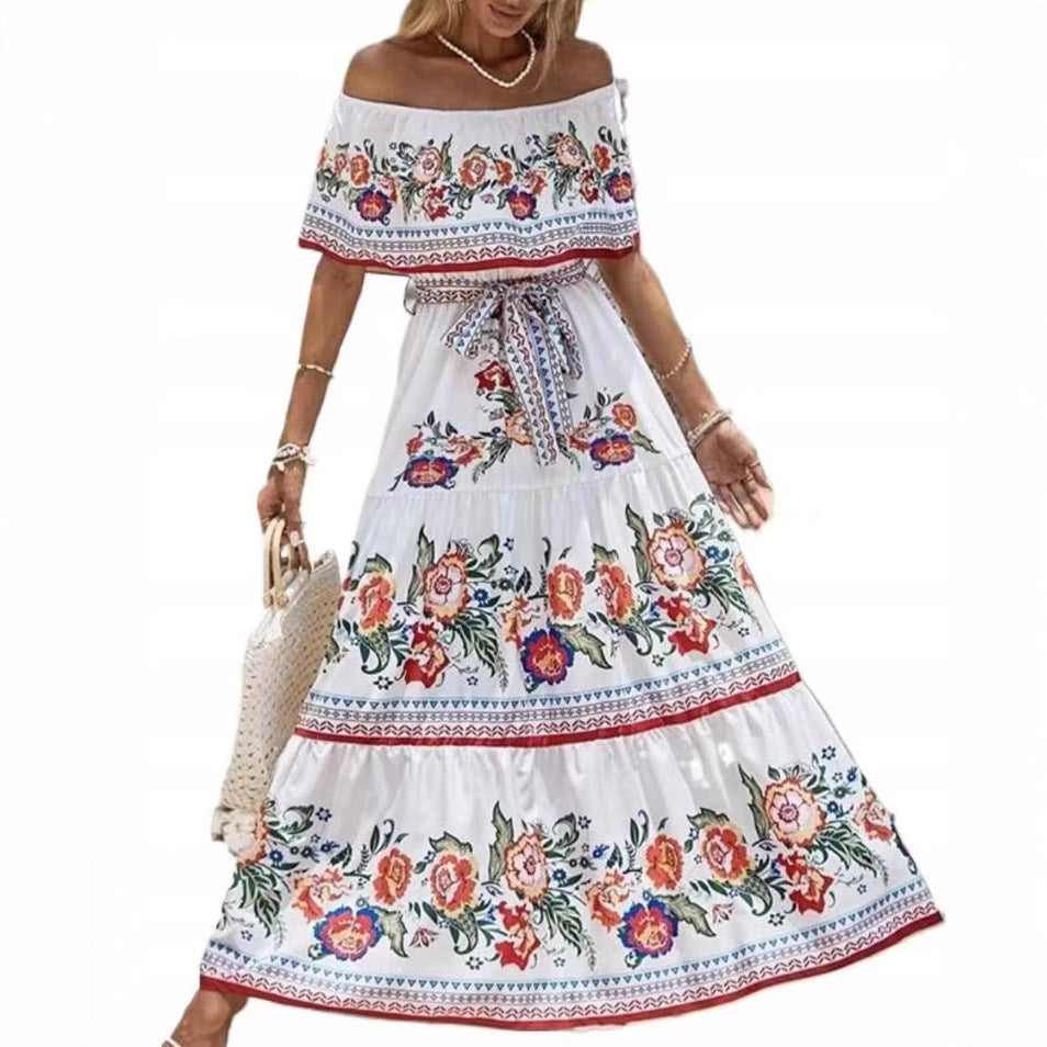 Summer Off-shoulder Printing Belt Long Large Hem Dress