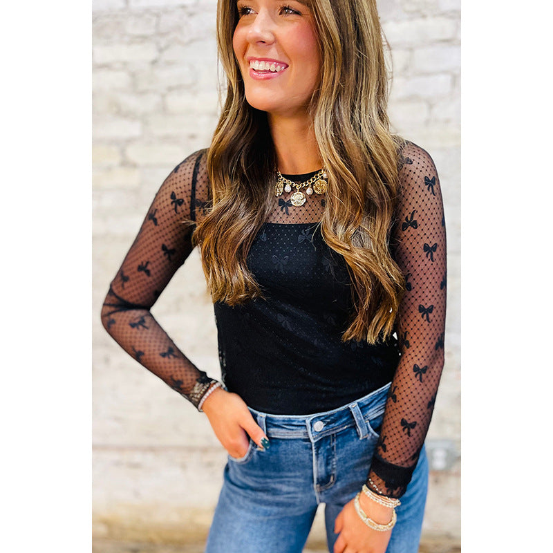 New Bow Print Long-sleeved T-shirt For Women