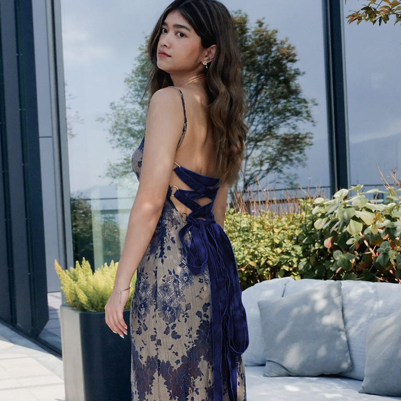 Dyed Printing Stitching Hollow Back Strap Elegant Style Long Dress Women