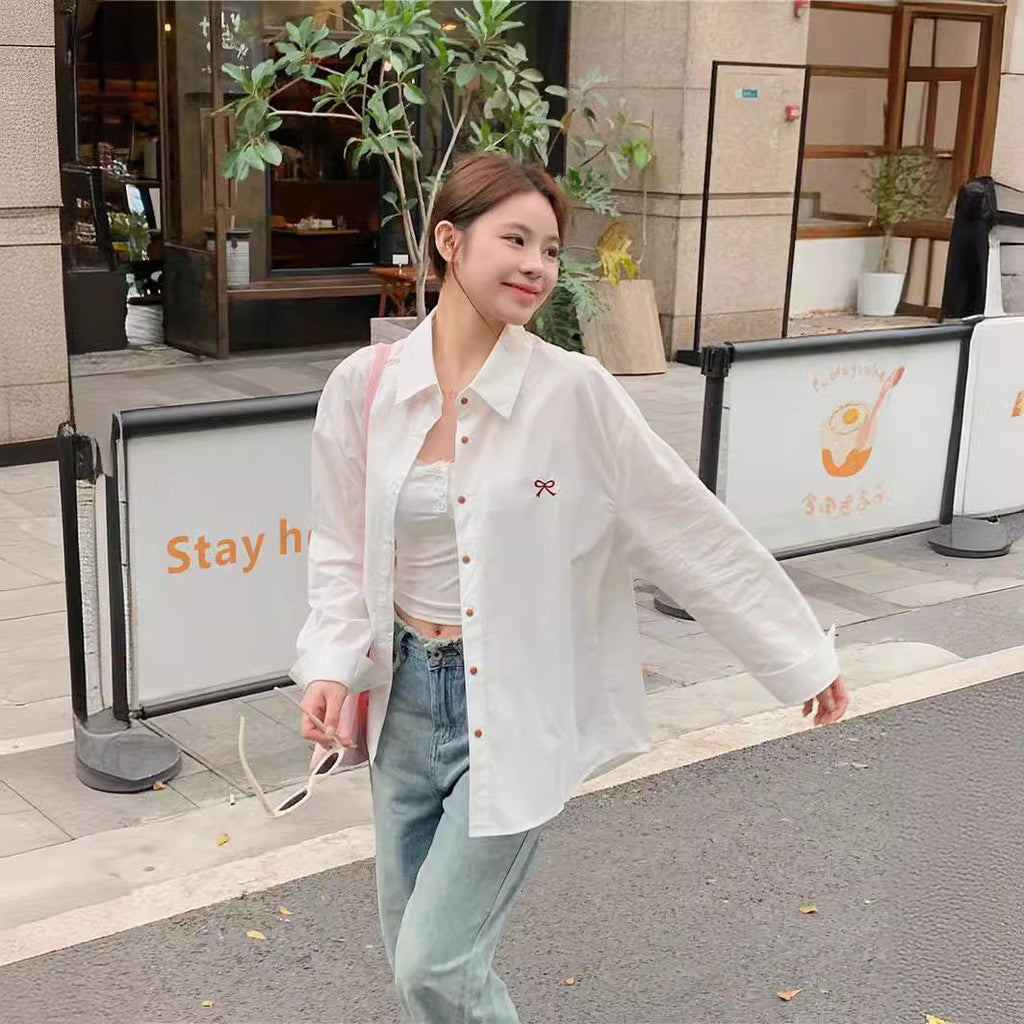 Gentle Bow Embroidered Shirt For Women