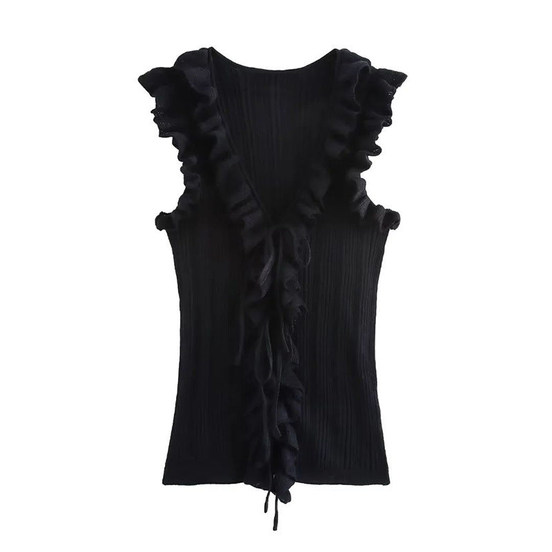 Women's Frill Tie With Sleeveless Knitted Cardigan Top
