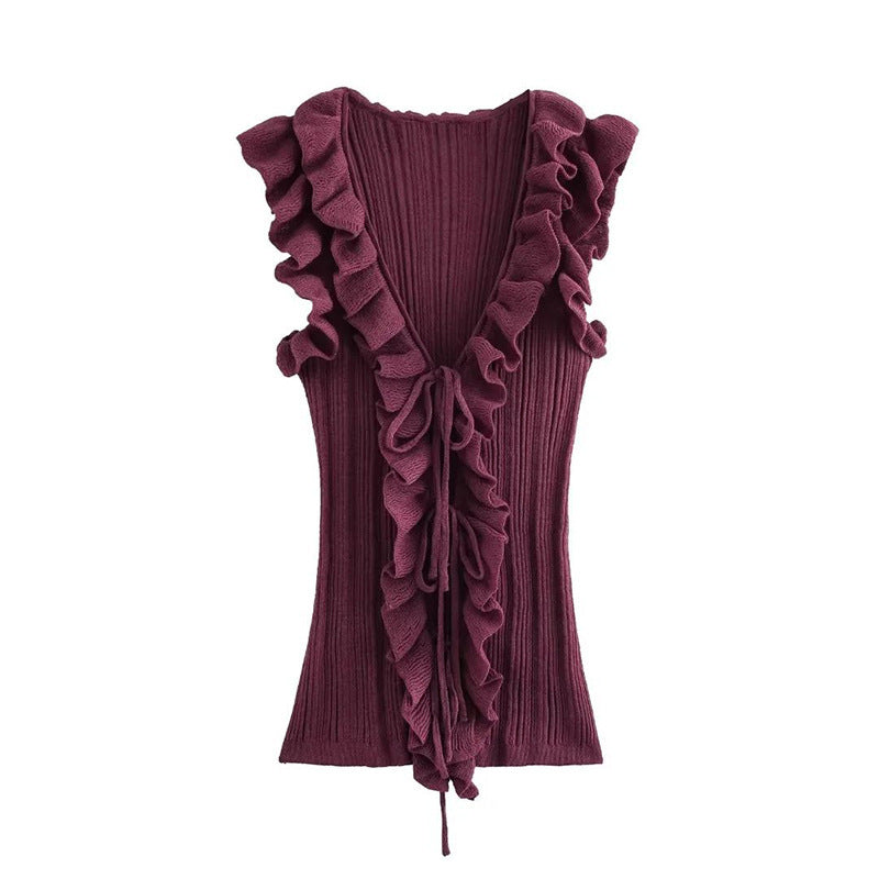 Women's Frill Tie With Sleeveless Knitted Cardigan Top