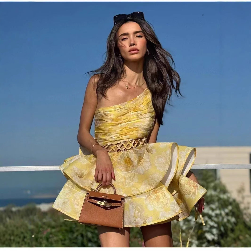 Vacation Style One-shoulder Pleated Lace-up Cutout Printed Puffy Cake Dress