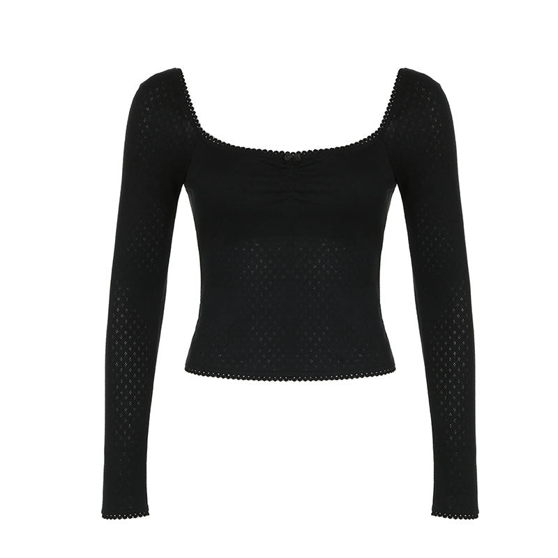 Square Collar Lace Bow Long Sleeve Top For Women