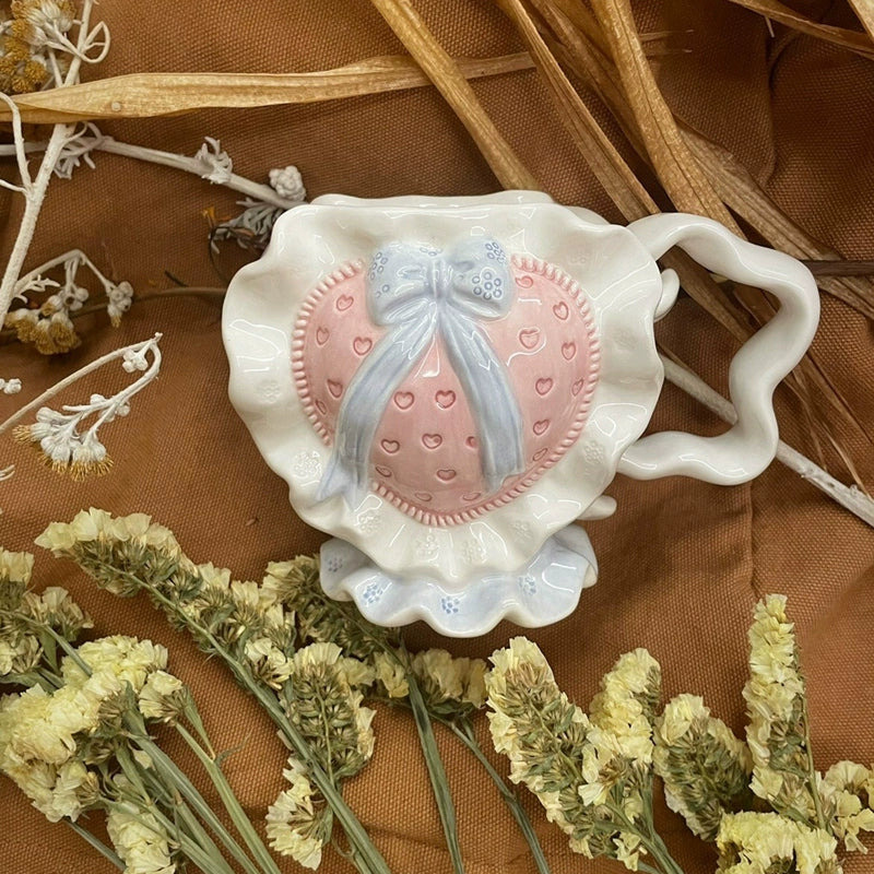 Clang Li Vintage Retro Valentine's Day Cute Pink Heart Ceramic Water Cup Kettle