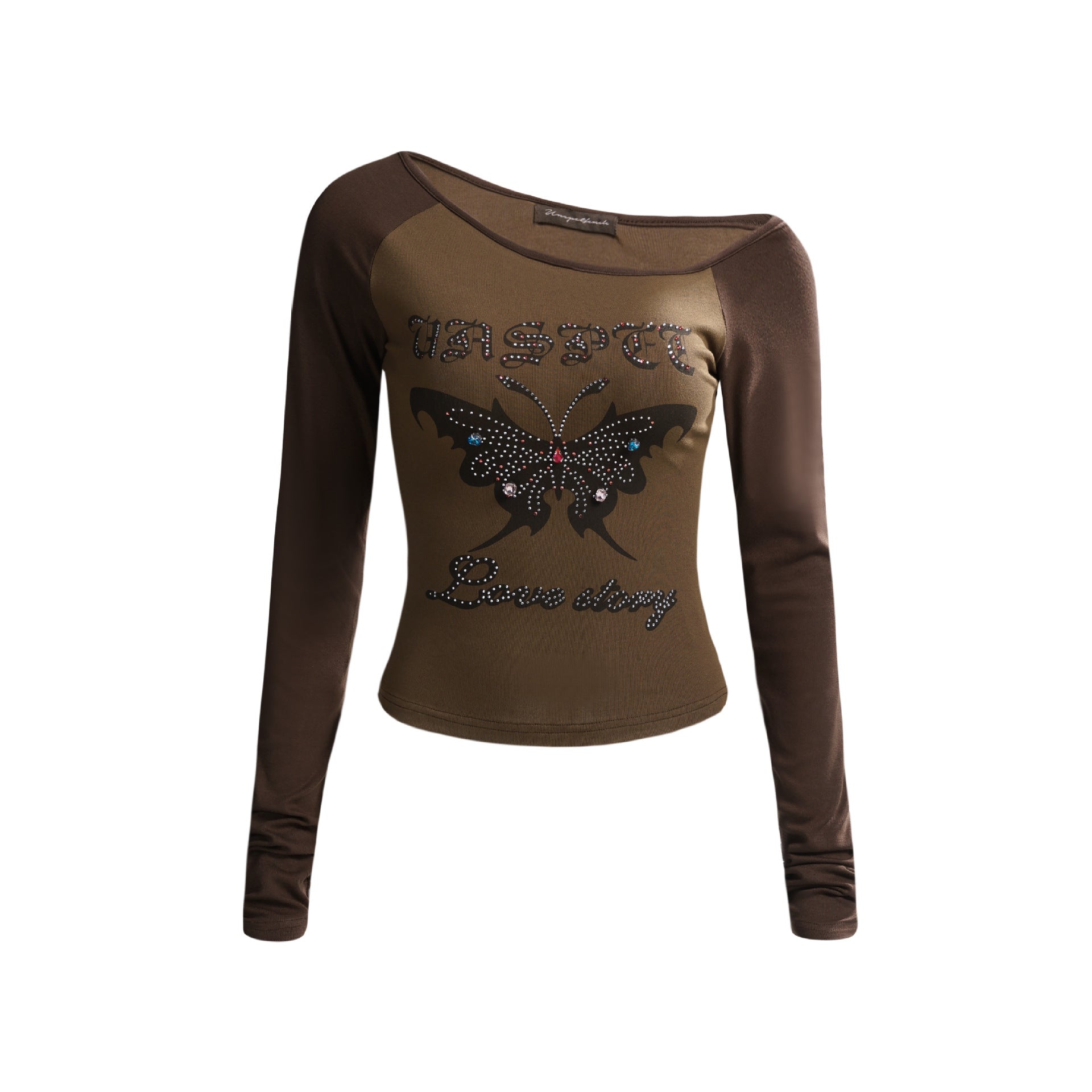 Retro Hot Girl Beaded Printed Shoulder Long Sleeve T-shirt