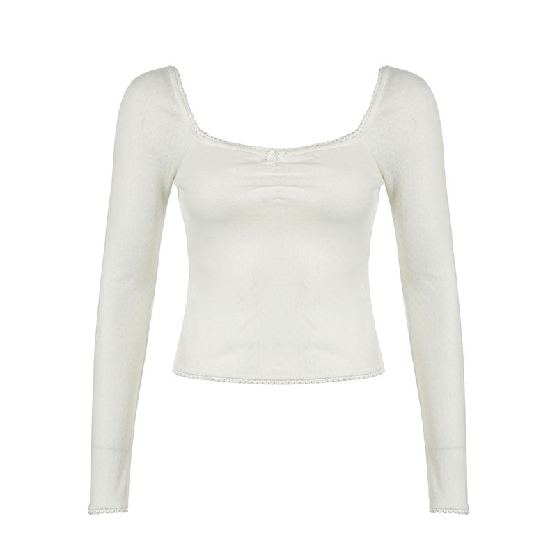 Square Collar Lace Bow Long Sleeve Top For Women