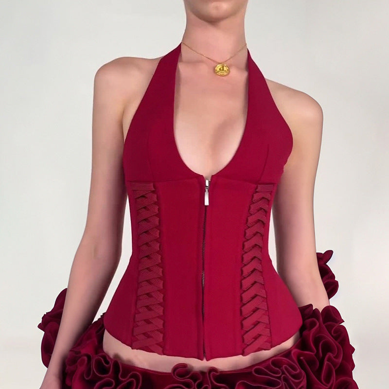 Women's Waist Trimming Lace Up Body Shaping Strap Halterneck Vest