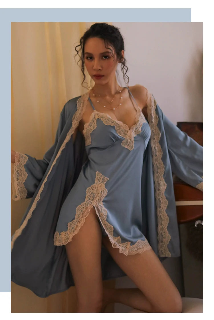 Women's Sexy Lace Pajamas Fancy Ice Silk Strap Night Dress