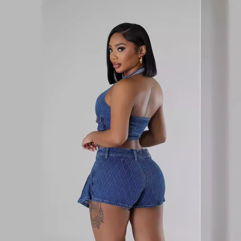 Women's Sleeveless Sexy Backless Halter Vest Top Shorts