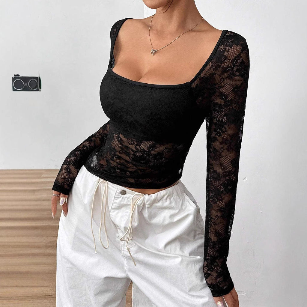 Elegant Women's Lace U-collar Asymmetric Top