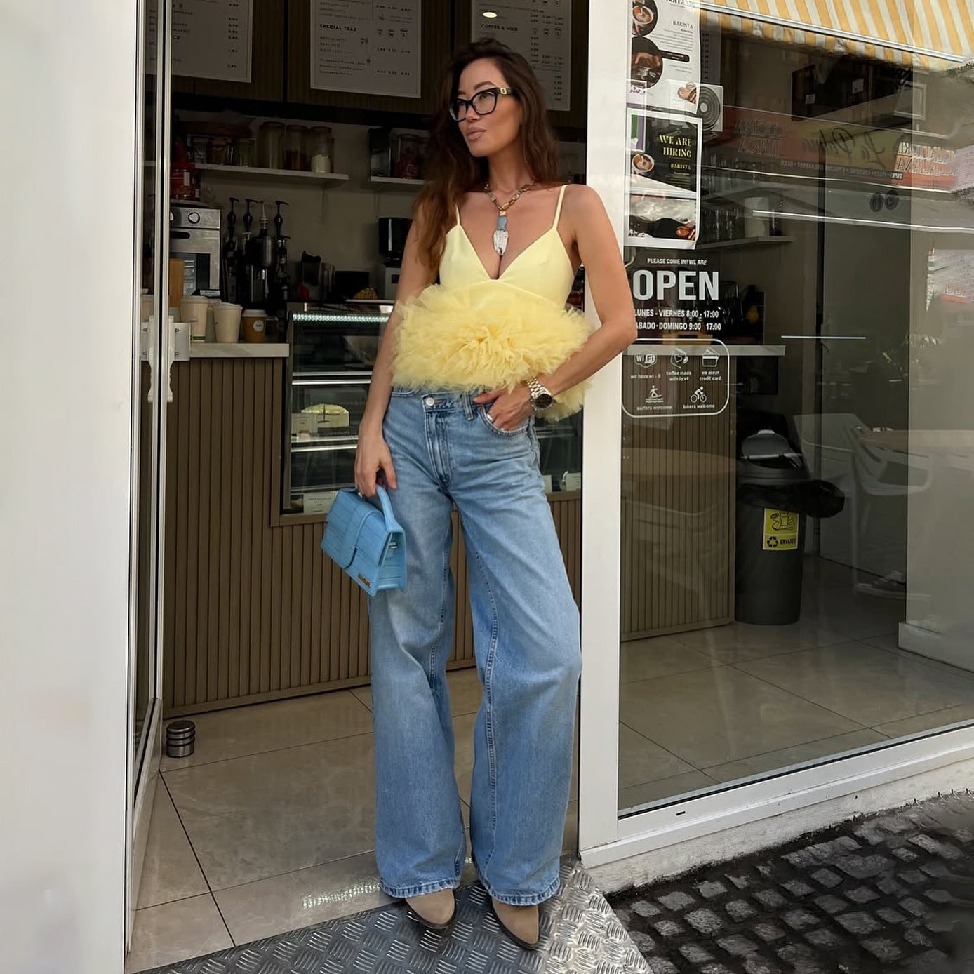 Mesh V-neck Patchwork Suspenders Top For Women