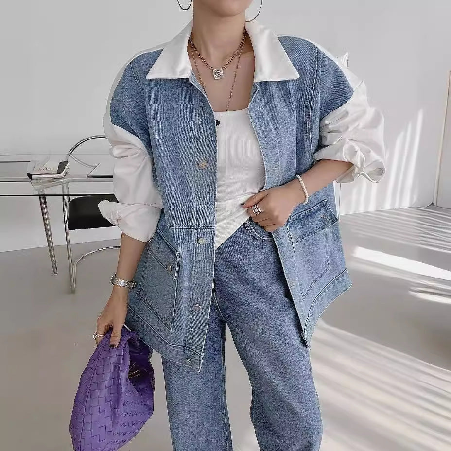 Color Contrast Stitching Denim Baggy Coat