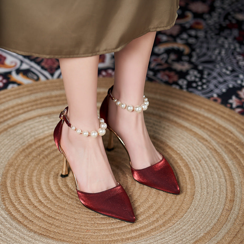 Women's Small-sized Pearl Sandals With Stiletto Heels