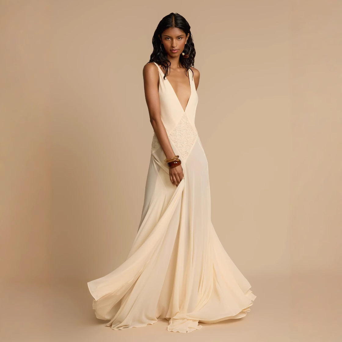 Elegance Simplicity Hollow Out Stitching Lace Sling Color Dress