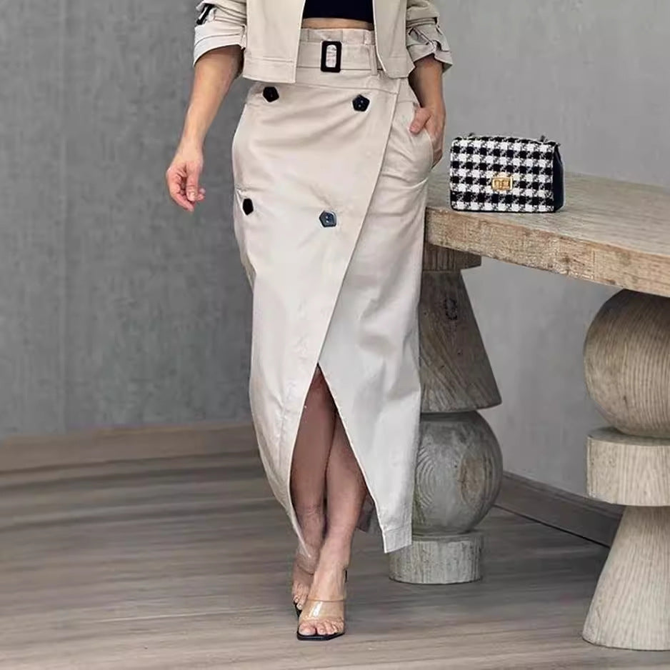 Women's Suit Lapel Patchwork Coat Skirt Two-piece Set Including Belt