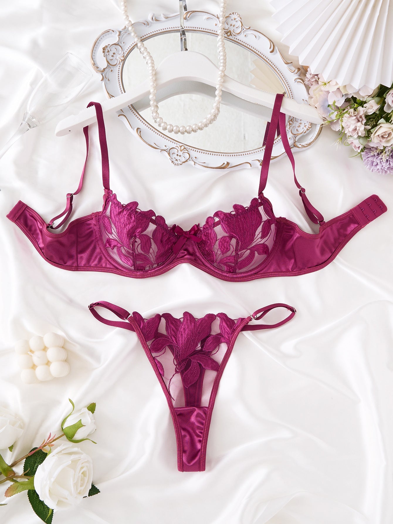 Lace Embroidery Mesh See-through Sexy Lingerie Set