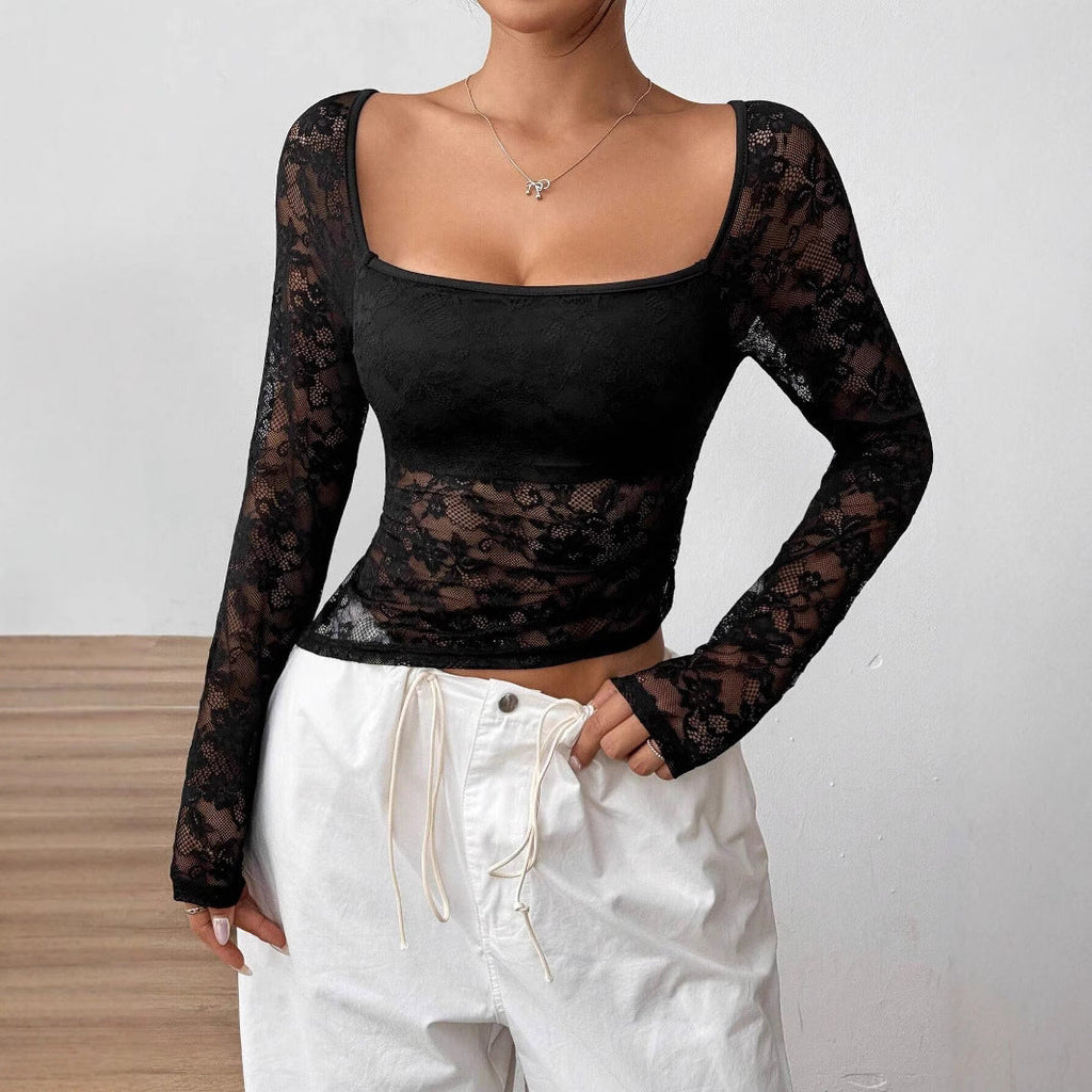Elegant Women's Lace U-collar Asymmetric Top