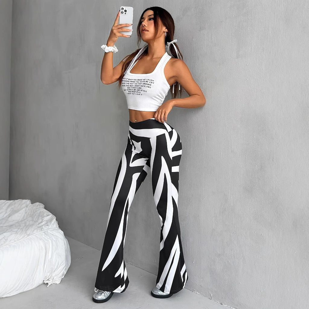 Women's Bell-bottom Pants Fashion Printed High Waist Sheath Casual Pants