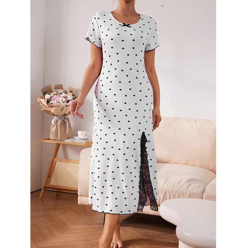 Round Neck Short Sleeve Love Slit Mid-length Dress