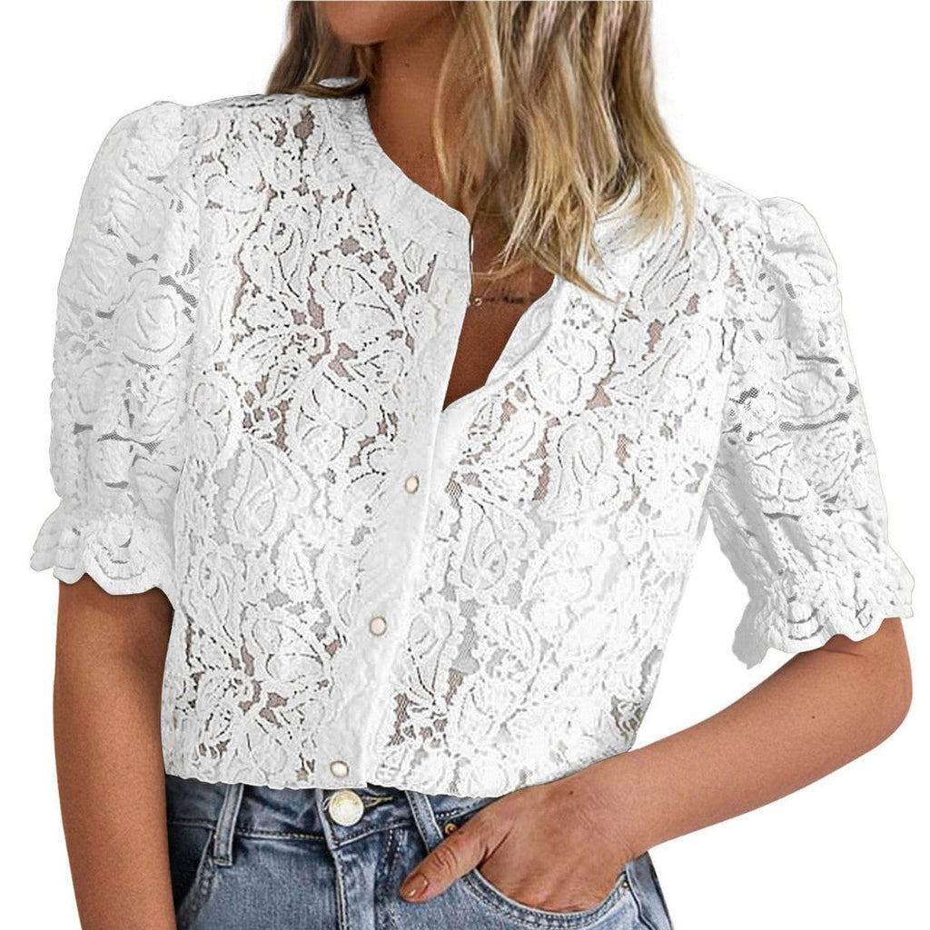 Lace Short Sleeve Casual Button Shirt