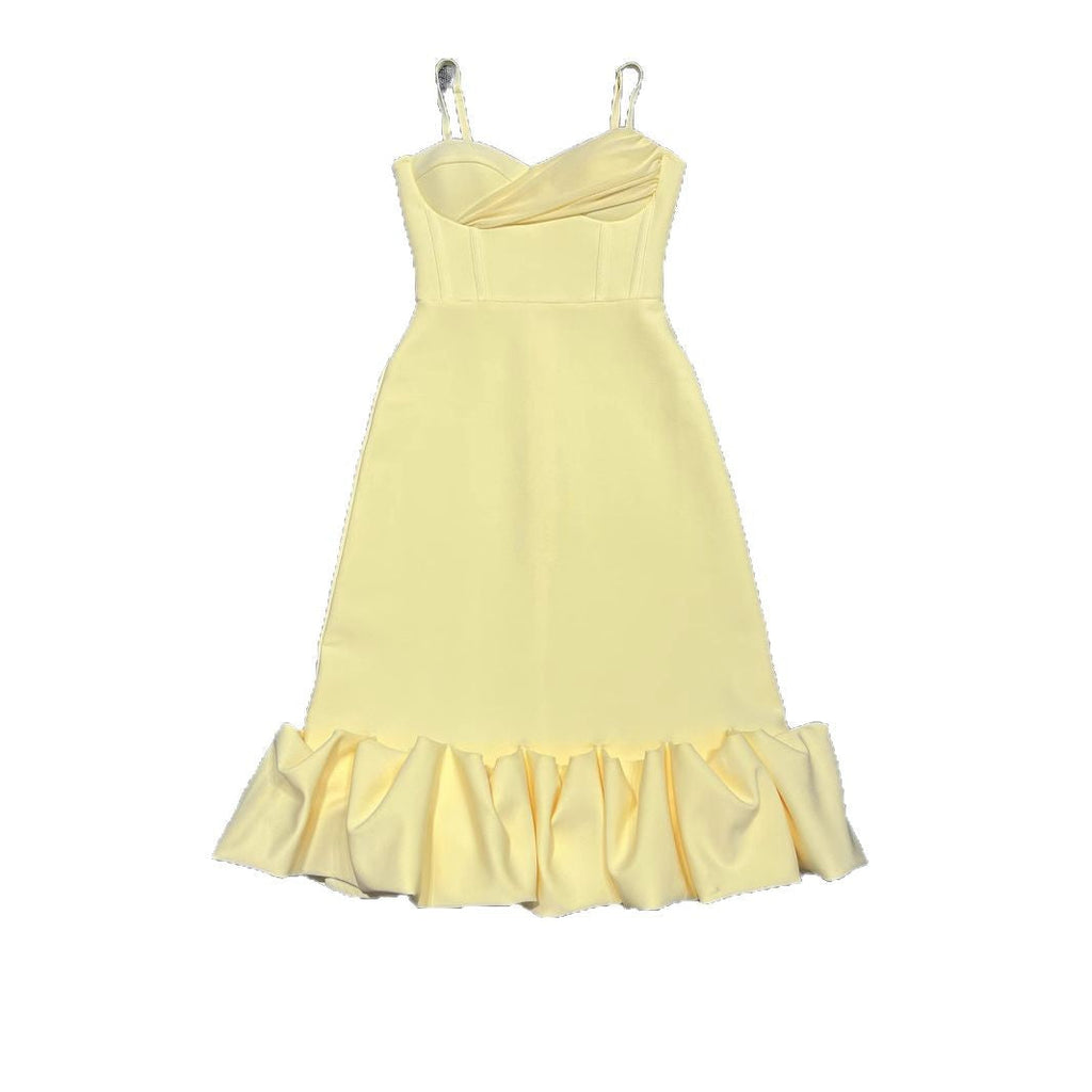 Retro Hepburn Style British Court Tight Waist Yellow Fishtail Skirt