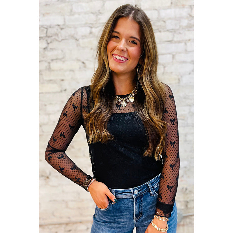 New Bow Print Long-sleeved T-shirt For Women